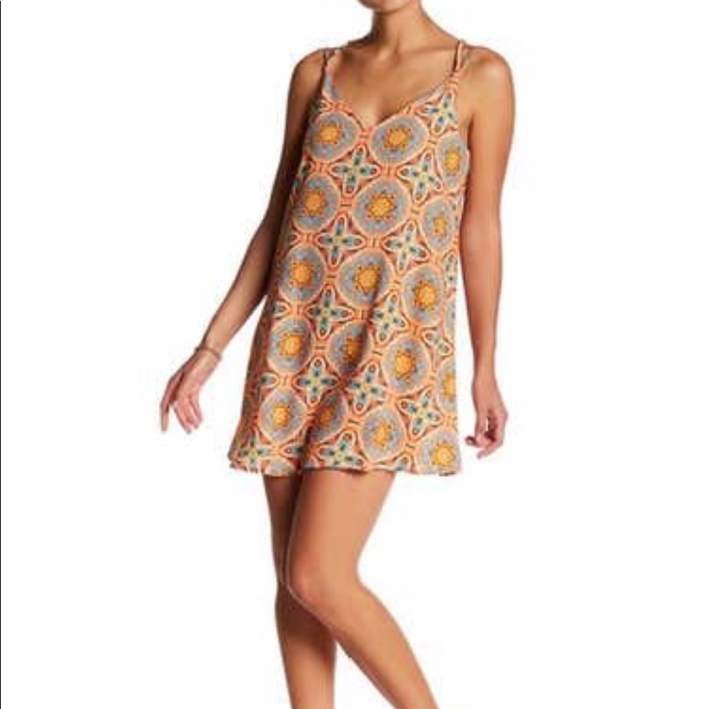 Spaghetti-Strap Tile Print Mini Dress - Orange